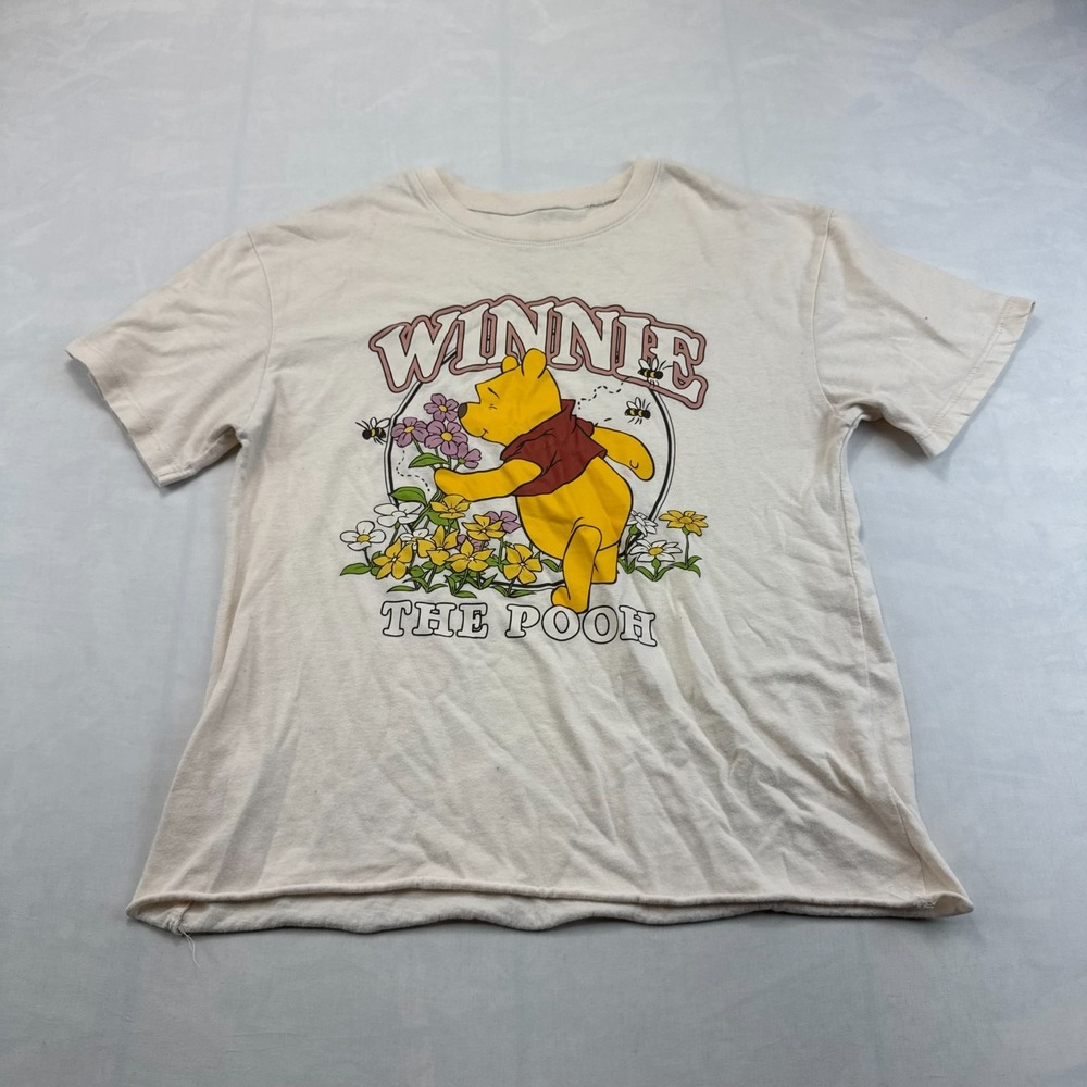 Disney Winnie The Pooh T-Shirt Women Small Cream Short Sleeve Floral Graphic Tee